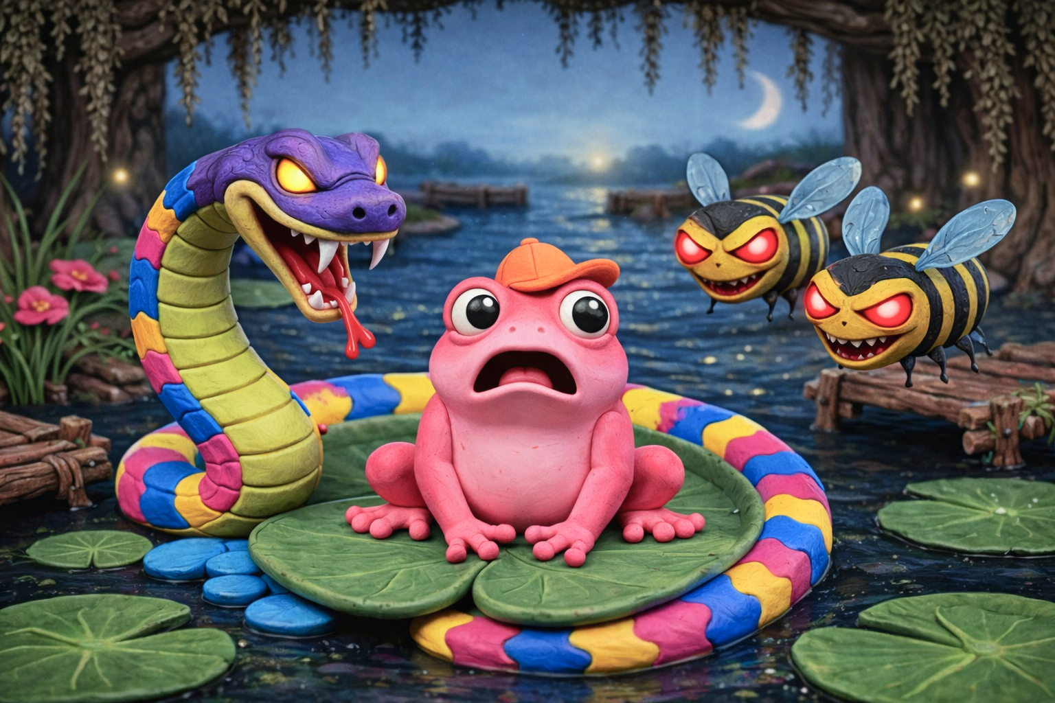 LilyPad Legend title scene showing a pink frog on a lilypad surrounded by a snake and bees in a moonlit pond